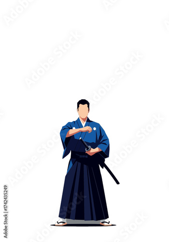 Flat Vector Illustration of Japanese Samurai With Katana