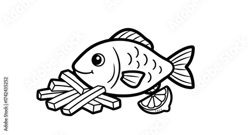 Delightful fish illustration with french fries and a lemon wedge for food concept