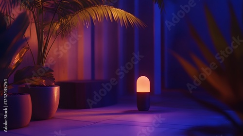 Modern indoor scene with plants, warm light, and purple blue ambiance