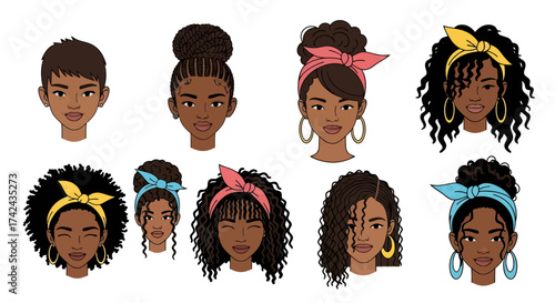 Diverse illustrations showcasing various african american female hairstyles with unique headbands