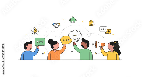 Diverse team collaboratively sharing ideas and information through communication tools