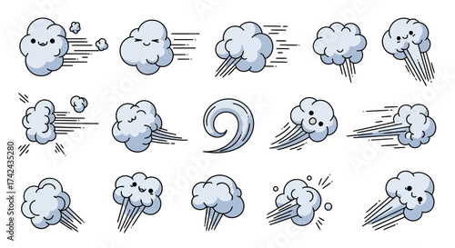 Diverse collection of whimsical wind illustrations with cute cloud characters and speed lines