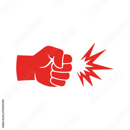 Red fist is depicted punching towards the right, with impact lines to show the force and strength of the punch.