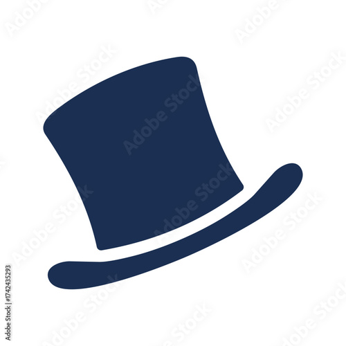 The graphic features a dark blue top hat, which is a tall, cylindrical hat with a brim, often worn for formal occasions.