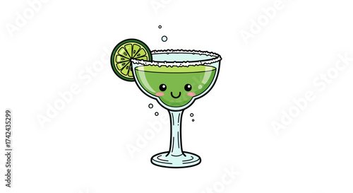 Delightful Margarita Illustration with Lime Slice and Salt Rim in Cartoon Style for Beverage Designs