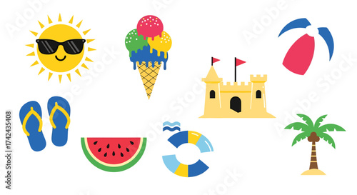 Delightful summer icons: a playful beachside collection of classic summertime elements