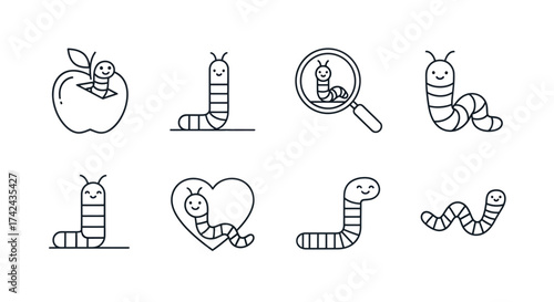 Delightful worm line art collection featuring playful scenes for creative projects