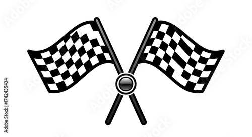 A pair of crossed checkered flags waving against a white backdrop represents victory celebration