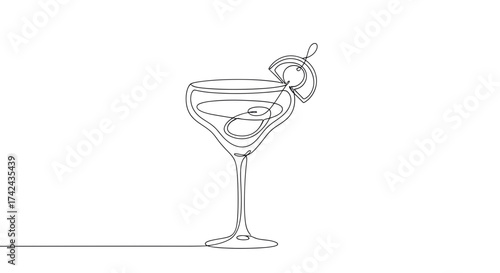 Elegant cocktail glass depicted in minimalist one-line drawing style with citrus garnish