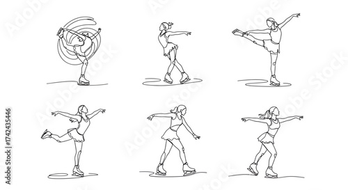 Elegant continuous line drawing portraying the artistry of figure skating poses displayed
