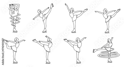 Elegant ice skater poses in monochromatic line art showcasing balletic movement and grace