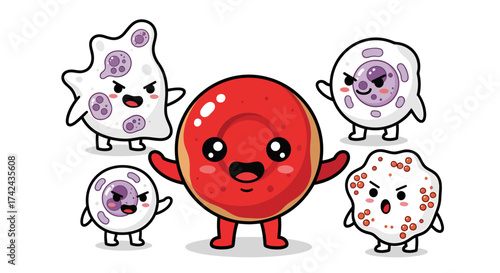 Adorable food fight cartoon featuring a happy donut surrounded by mischievous food friends