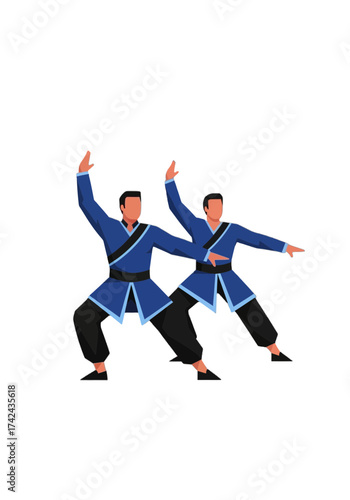 Two Men Performing Traditional Martial Arts Flat Vector