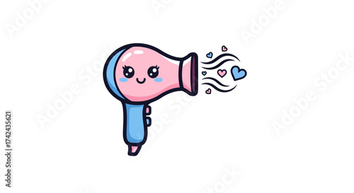 Adorable kawaii hair dryer with cute expression and heart shaped air graphic design for valentines
