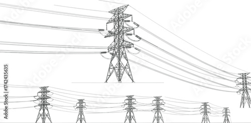 High voltage electricity transmission towers with power lines, industrial energy infrastructure, electrical grid system, utility poles, engineering technology illustration vector