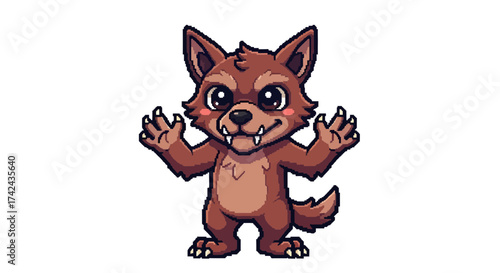 Adorable pixel art werewolf character waving with endearing expression and pixelated details