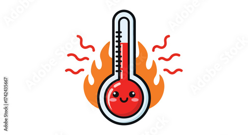 Adorable thermometer cartoon displaying extreme temperature with cheerful expression against fiery