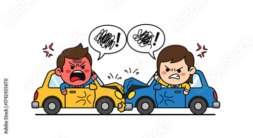 Animated cartoon scene illustrating two drivers arguing following a car accident dispute