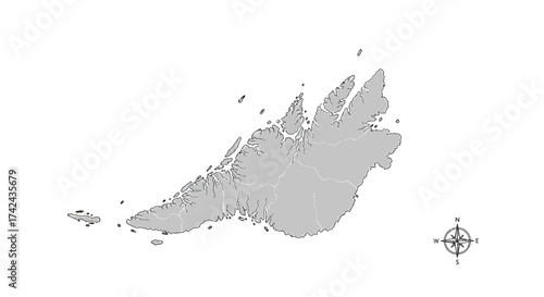 Detailed minimalist map illustrating a remote island with an ornate compass rose symbol