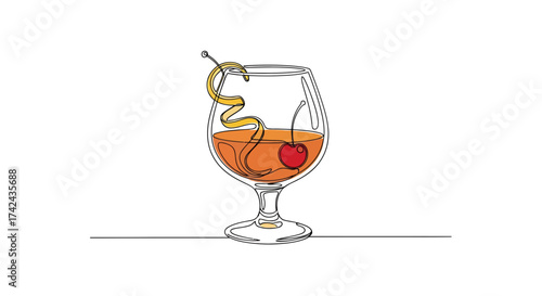 Elegant single line drawing of a classic cocktail garnished with cherry and lemon twist