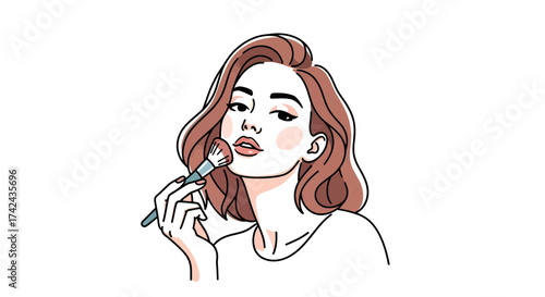 Elegant woman applying blush with brush in minimalist linear style artwork illustration