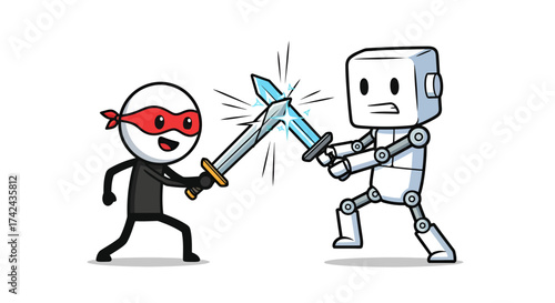 Epic clash of cultures Cartoon ninja confronts robot with swords in a whimsical showdown