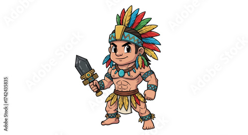 Cartoon Aztec warrior with colorful feather headdress and a decorative stone sword ready for battle