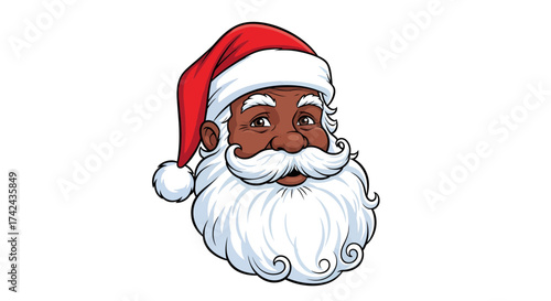 Festive African American Santa Claus character with a red hat and cheerful expression of joyous