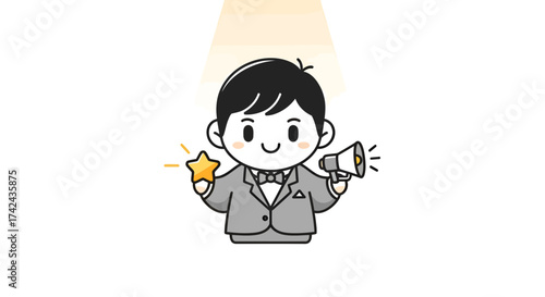 Cartoon businessman holding a star and megaphone under spotlight conveying promotion