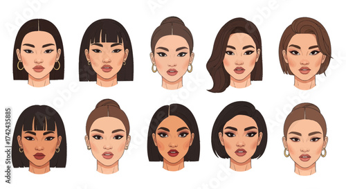 Diverse beauty: Collection of stylized portraits showcasing various hairstyles and skin tones in