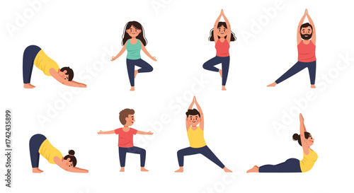 Diverse cartoon figures demonstrating various yoga poses, promoting wellness, flexibility, and a