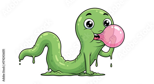 Cartoon illustration of a slimy green creature blowing a bubblegum with a whimsical style
