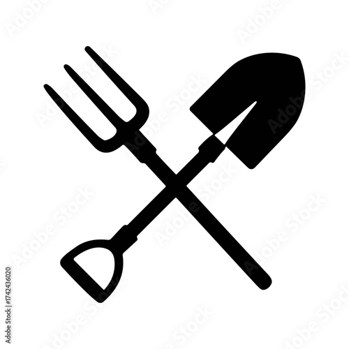 This is a black and white illustration of a shovel and pitchfork crossed; both are gardening tools used to grow crops.