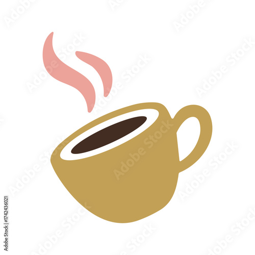 A golden-brown cup filled with dark coffee sits on a white background with wavy pink steam floating from the top of the mug.