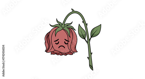 Cartoon illustration of a wilting rose with a sad expression against a plain background