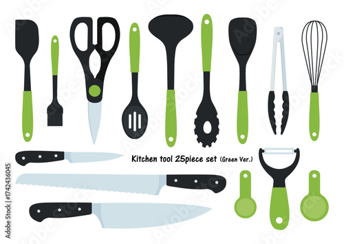 A collection of various kitchen utensils and knives, arranged in a neat and organized layout.