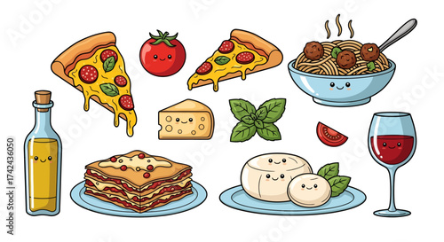 Cartoon italian cuisine illustration featuring pizza lasagna spaghetti wine and ingredients with