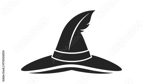 Stylized silhouette of a witch hat with a feather accent