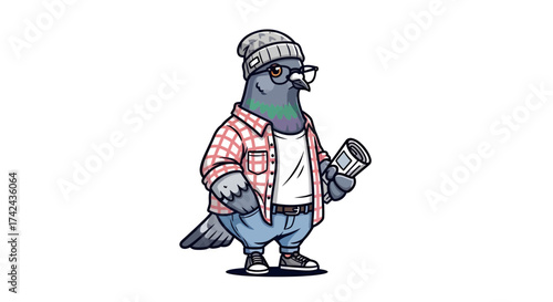 Cartoon pigeon dressed as hipster reading the newspaper, urban bird fashion illustration