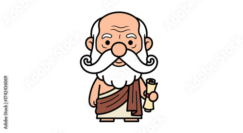 Cartoon philosopher character with scroll illustration providing wisdom and knowledge