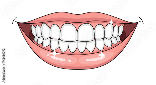 Cartoon rendering of a smiling mouth displaying meticulously clean and sparkling white teeth