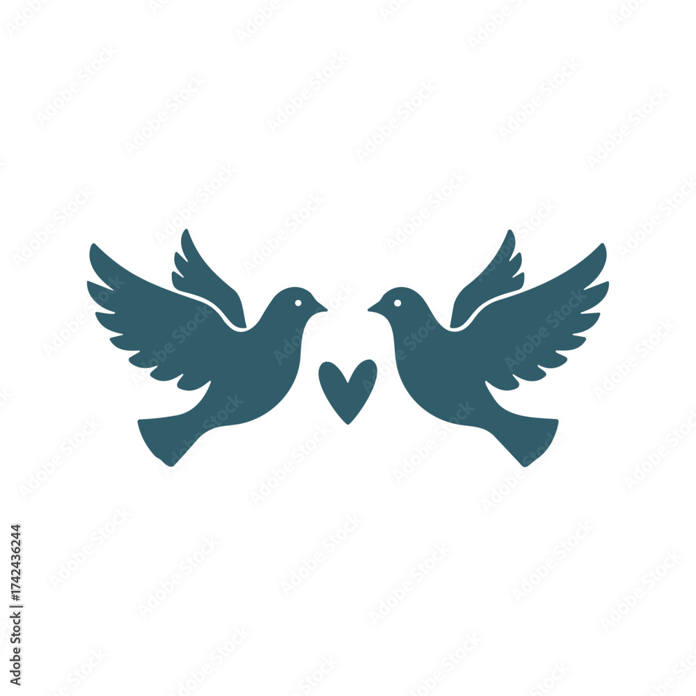 Obraz premium Illustration shows two teal bird silhouettes facing each other with a heart shape between them on a white background.