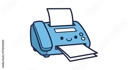 Charming cartoon illustration of a light blue fax machine with a smiling face and papers