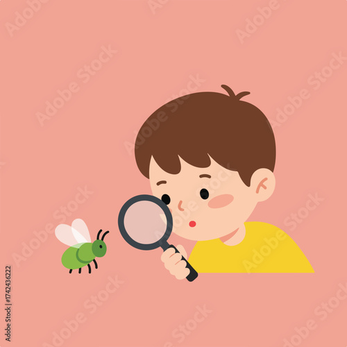 Kid uses magnifying glass to examine a bug
