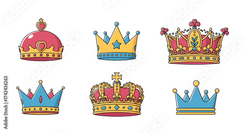 Elegant crowns illustration set featuring diverse royal designs and symbolic ornamentation