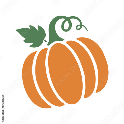 Isolated illustration depicts a pumpkin with a green stem, tendrils and leaf, and its form is defined by segments in a simple design.