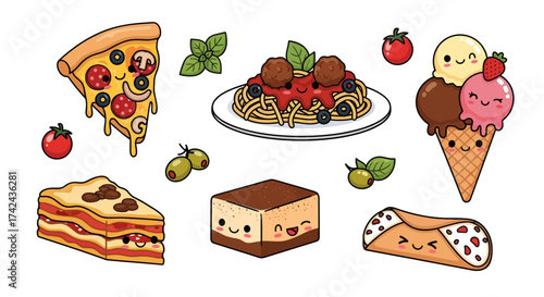 Charming Italian Cuisine Delights: A Kawaii Food Illustration of Iconic Italian Dishes