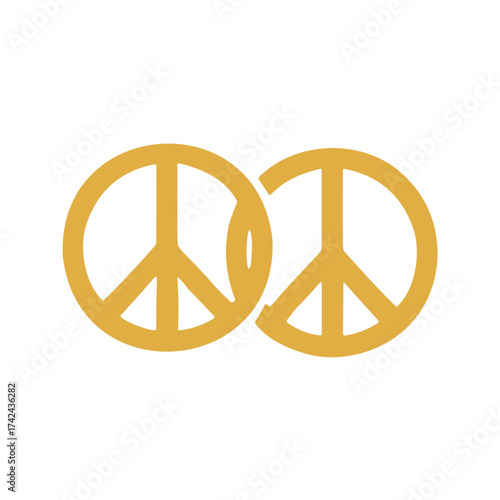 Two golden peace symbols are intertwined, symbolizing unity, nonviolence, and the pursuit of harmony in a clean, minimalist design.