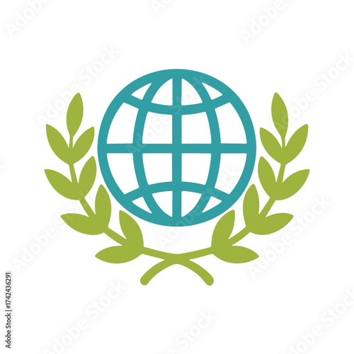 This stylized illustration features a globe surrounded by an olive branch which represents harmony and new beginnings around the world.