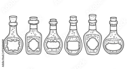 Enigmatic Elixirs: An Array of Hand-Drawn Potion Bottles Ready for Coloring and Creative Designs